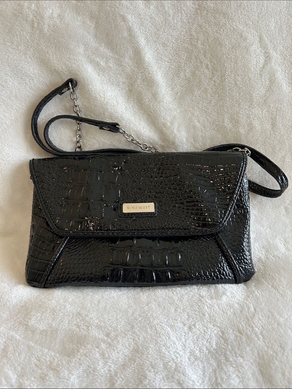Nine West Black Croc-Embossed Crossbody Bag with Chain Strap